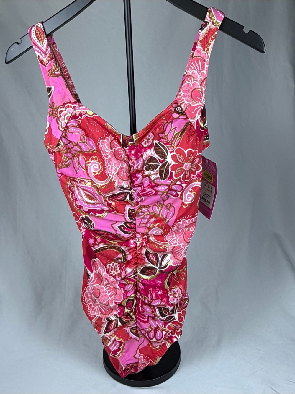 NWT Women’s Pink Floral Ruched One-Piece Swimsuit Rose Marie Reid size 12
